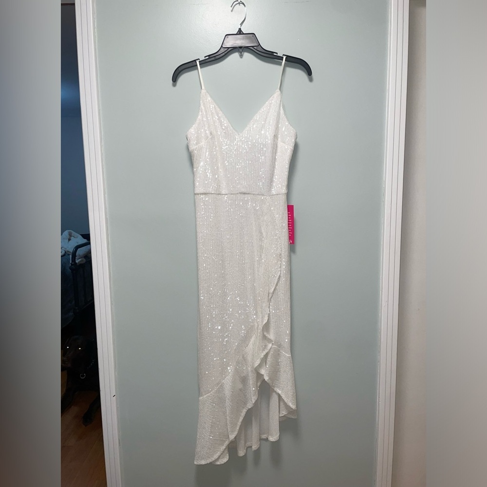 NWT Xscape Stretch Sequin V-neck Sleeveless Ruffled Trim MIDI Dress
